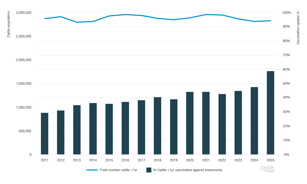 Bar and line chart showing pneumonia vaccination between 2012–2025.